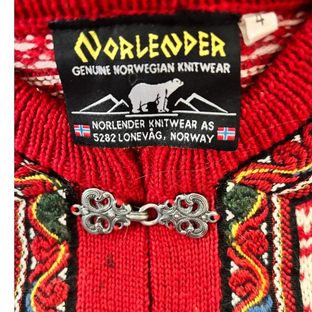 Norlender Norwegian Knit Sweater Kids 4 Red Good Fair Isle Wool Pewter Clasps